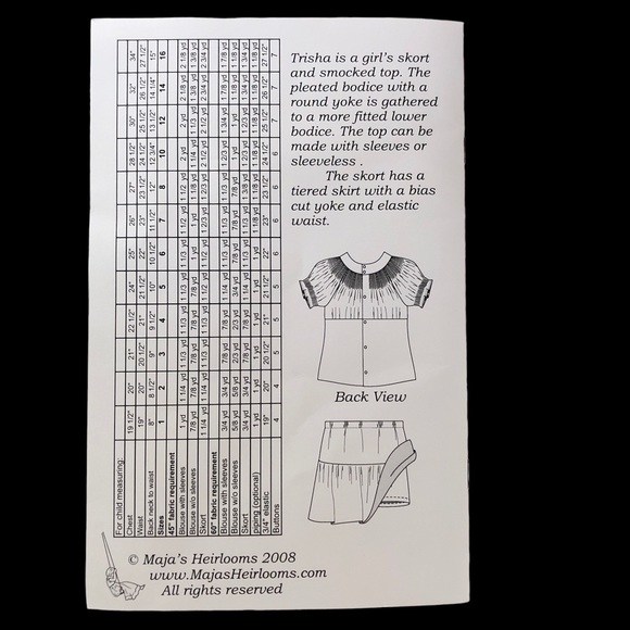 Maja’s Heirlooms Sewing Pattern Girl sz 10-16 Trisha Smocked Top Skort Uncut - Picture 2 of 4